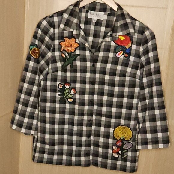 Nicole Miller New York Black White Check Top With Patches 8 - Picture 1 of 6